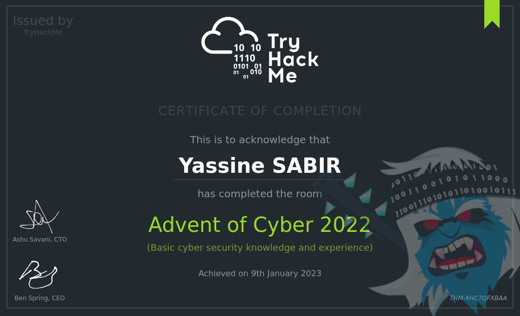 TryHackMe Advent of Cyber 2022 certificate